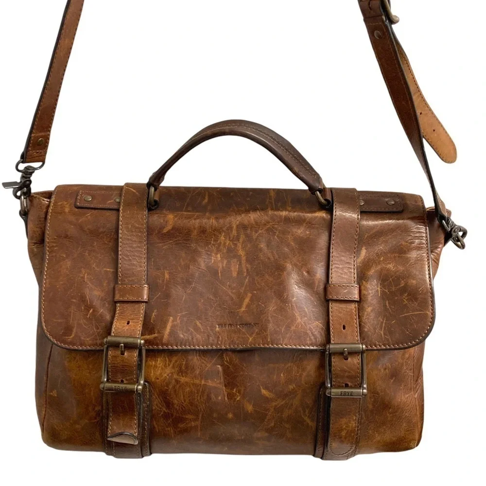 FRYE amazing distressed leather briefcase bag unisex BEAUTIFUL brown
